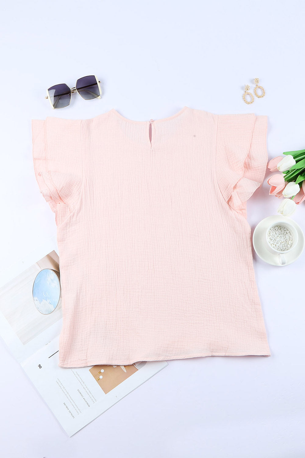 Pink Textured Tiered Short Sleeve Blouse