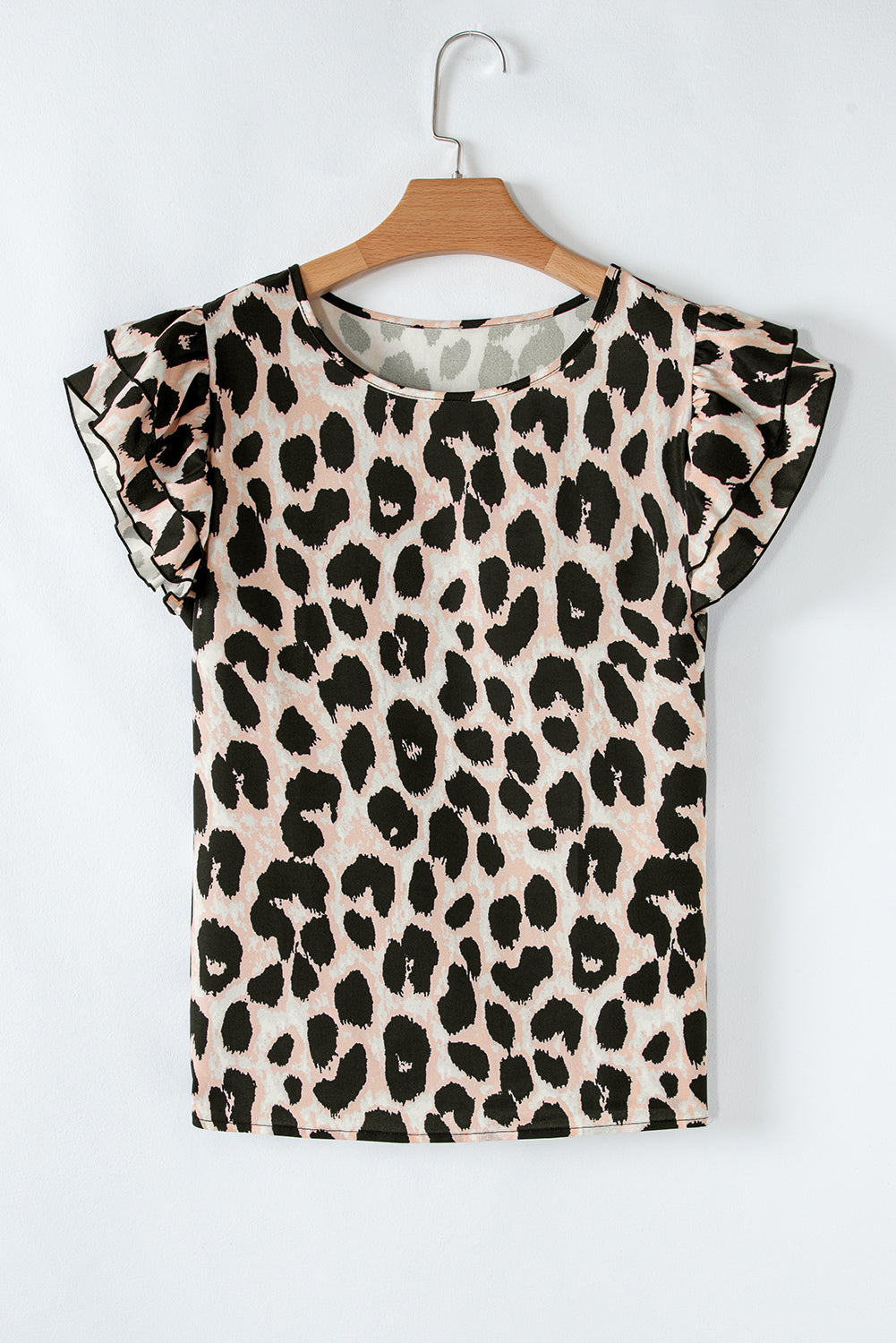 Leopard Print Ruffled Short Sleeve Blouse