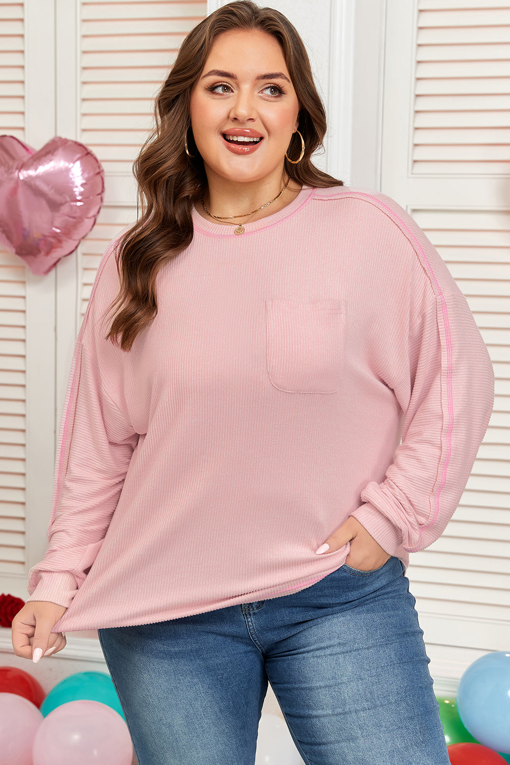 Pink Ribbed Exposed Seam Plus Size Knit Top