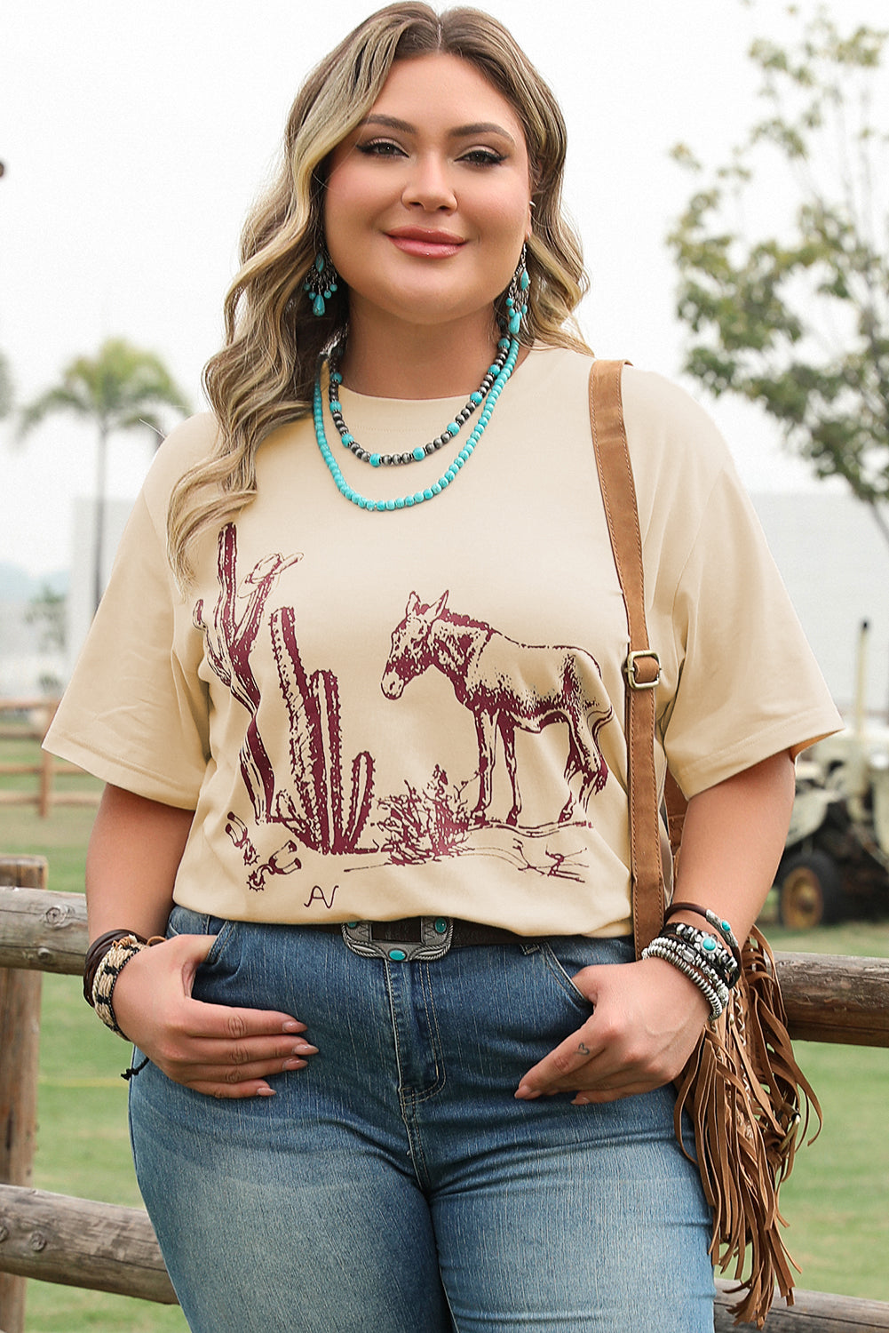 Western Burro Cactus Crew Neck Graphic Tee