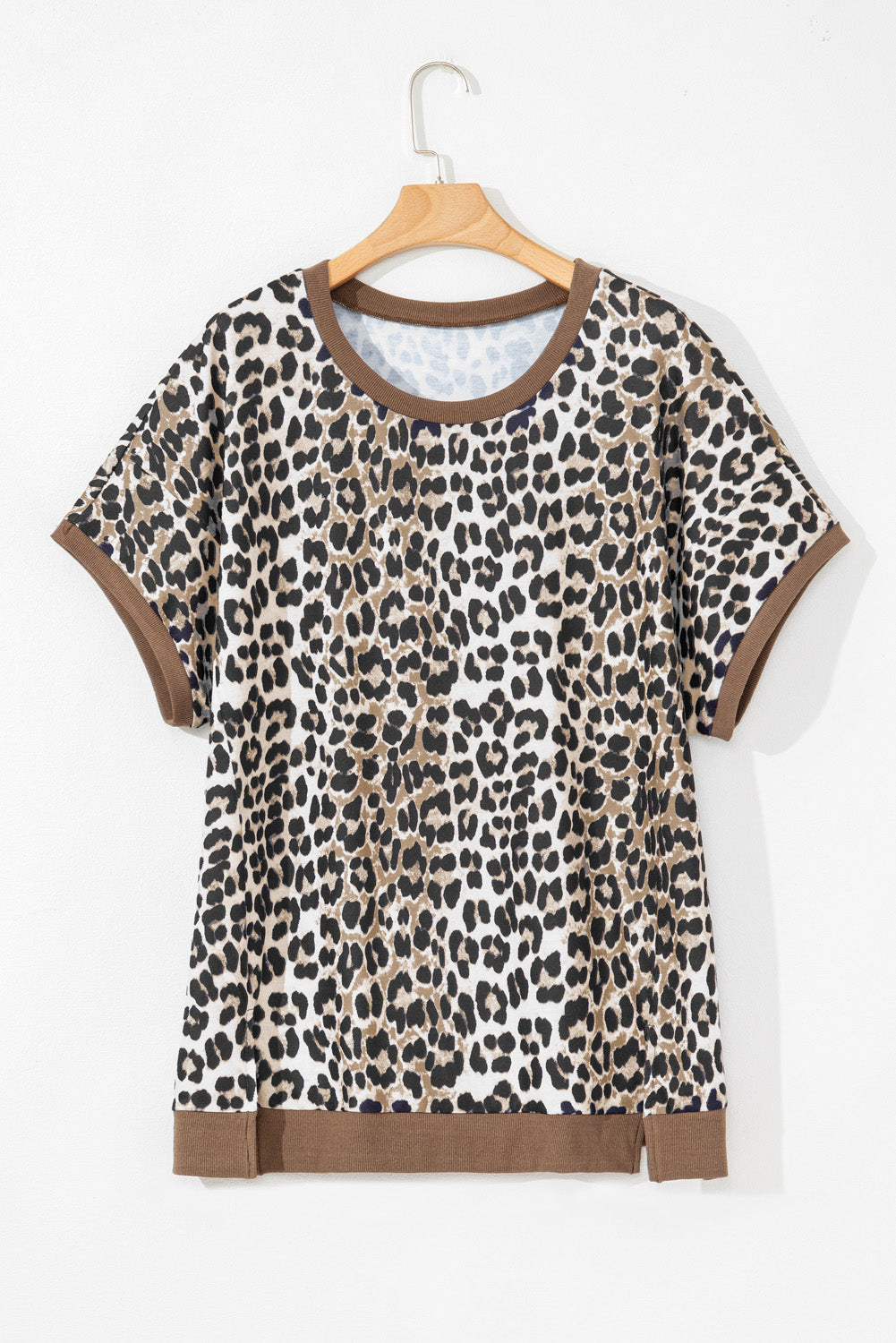 Leopard Contrast Trim Short Sleeve Plus Size Top