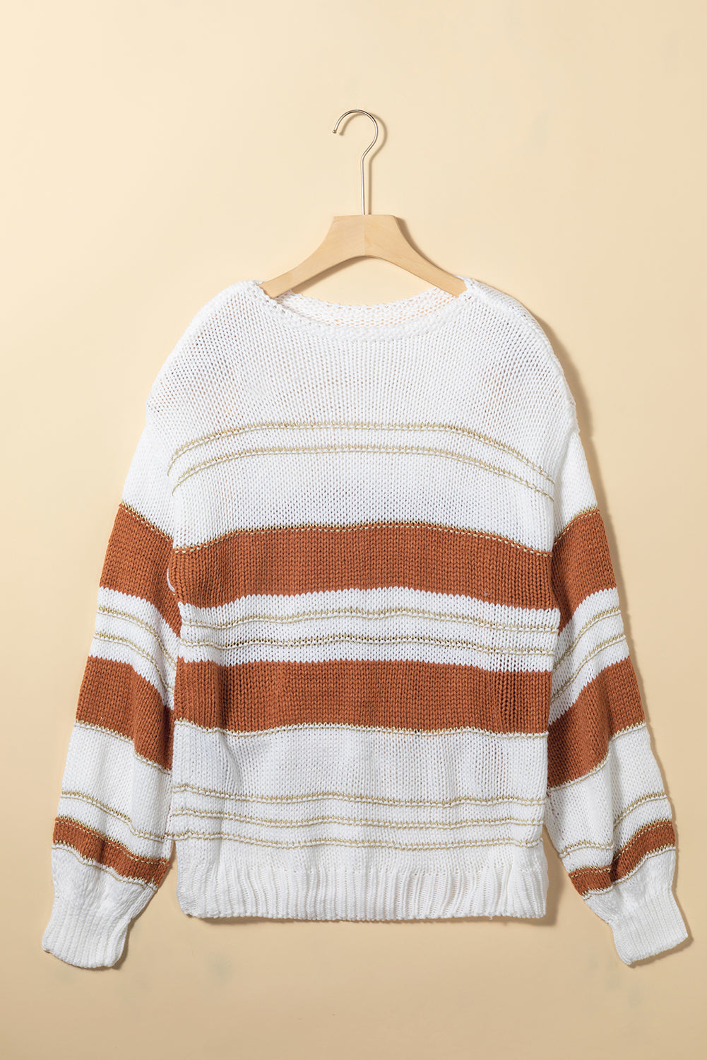 White & Orange Striped Knit Puff Sleeve Sweater