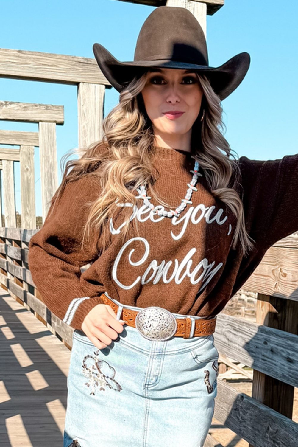 Brown ‘See You Cowboy’ Embroidered Western Sweater