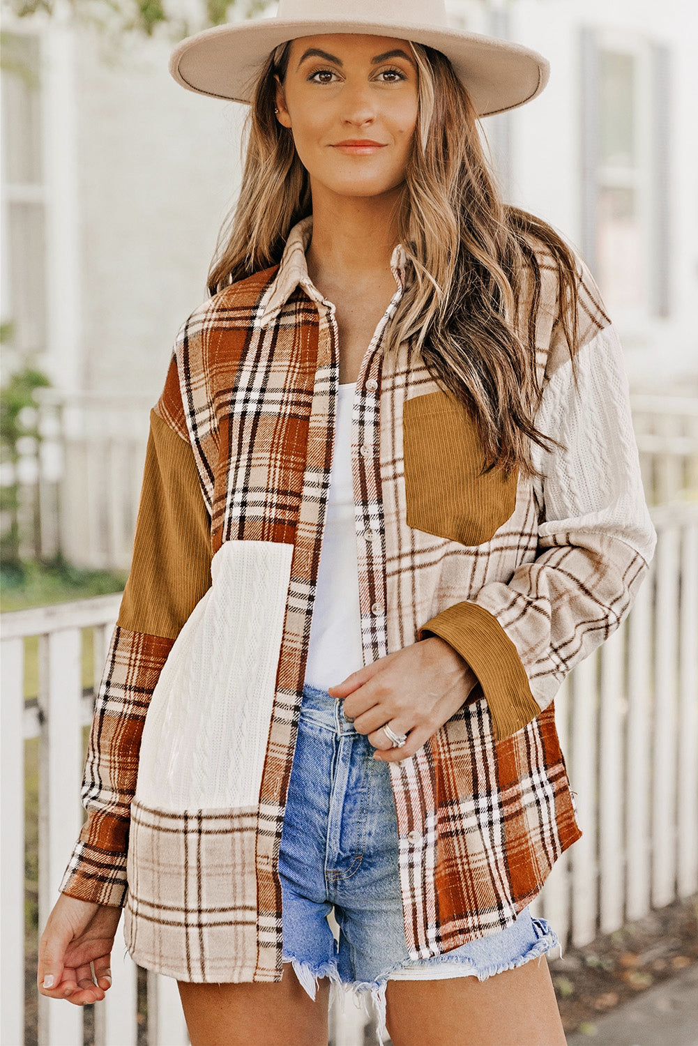 Orange Plaid Color Block Patchwork Jacket