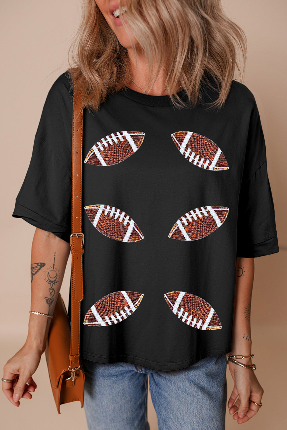 Black Sequin Football Crewneck T Shirt