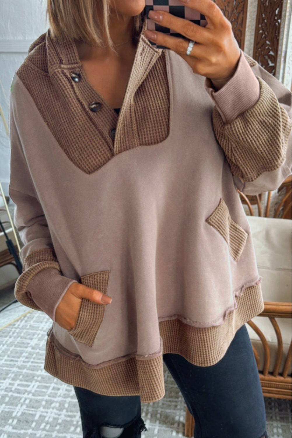 Brown Contrast Patchwork Plus Size Pocketed Hoodie