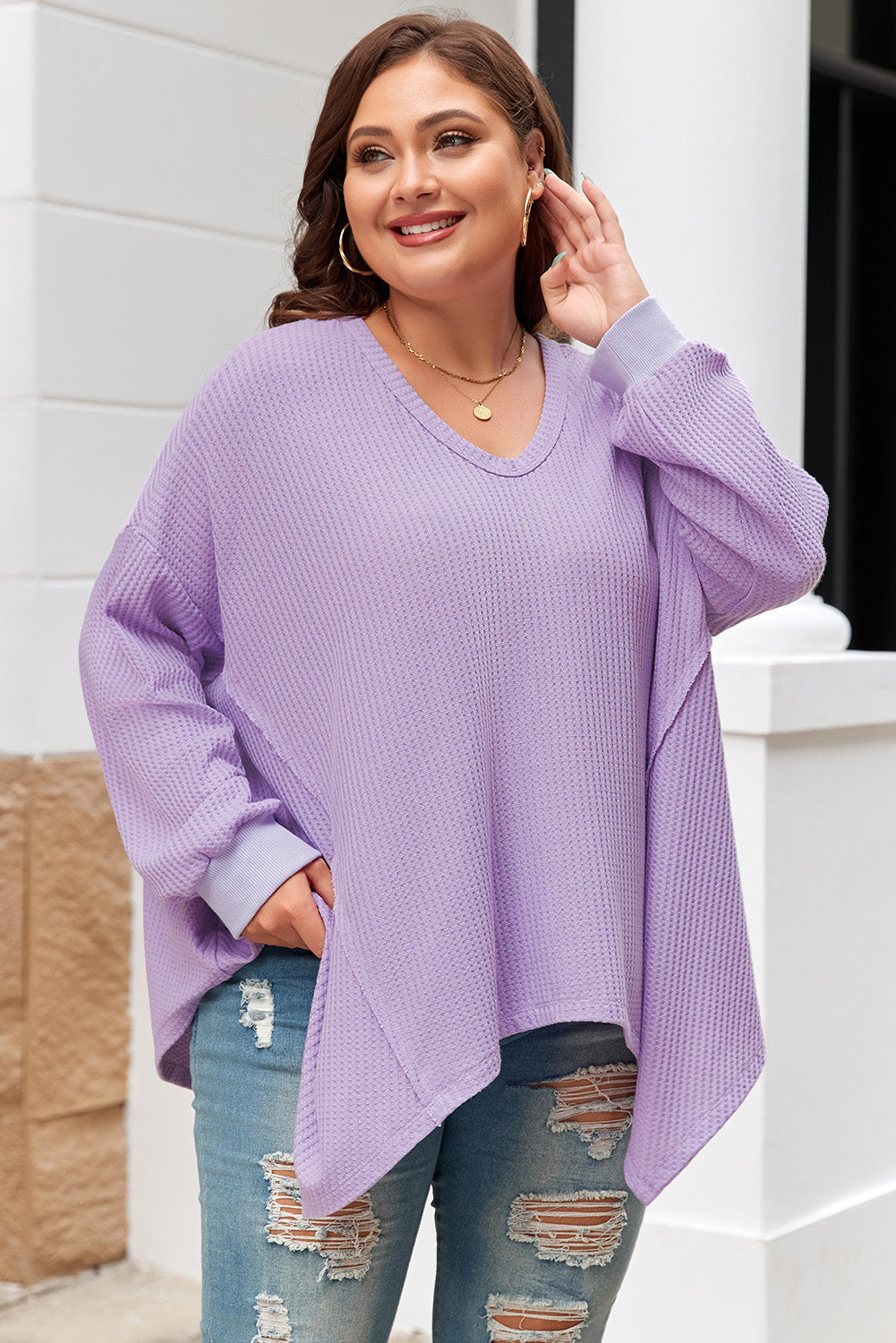 Orchid Plus Size Waffle Knit Exposed Seam Flowy Top