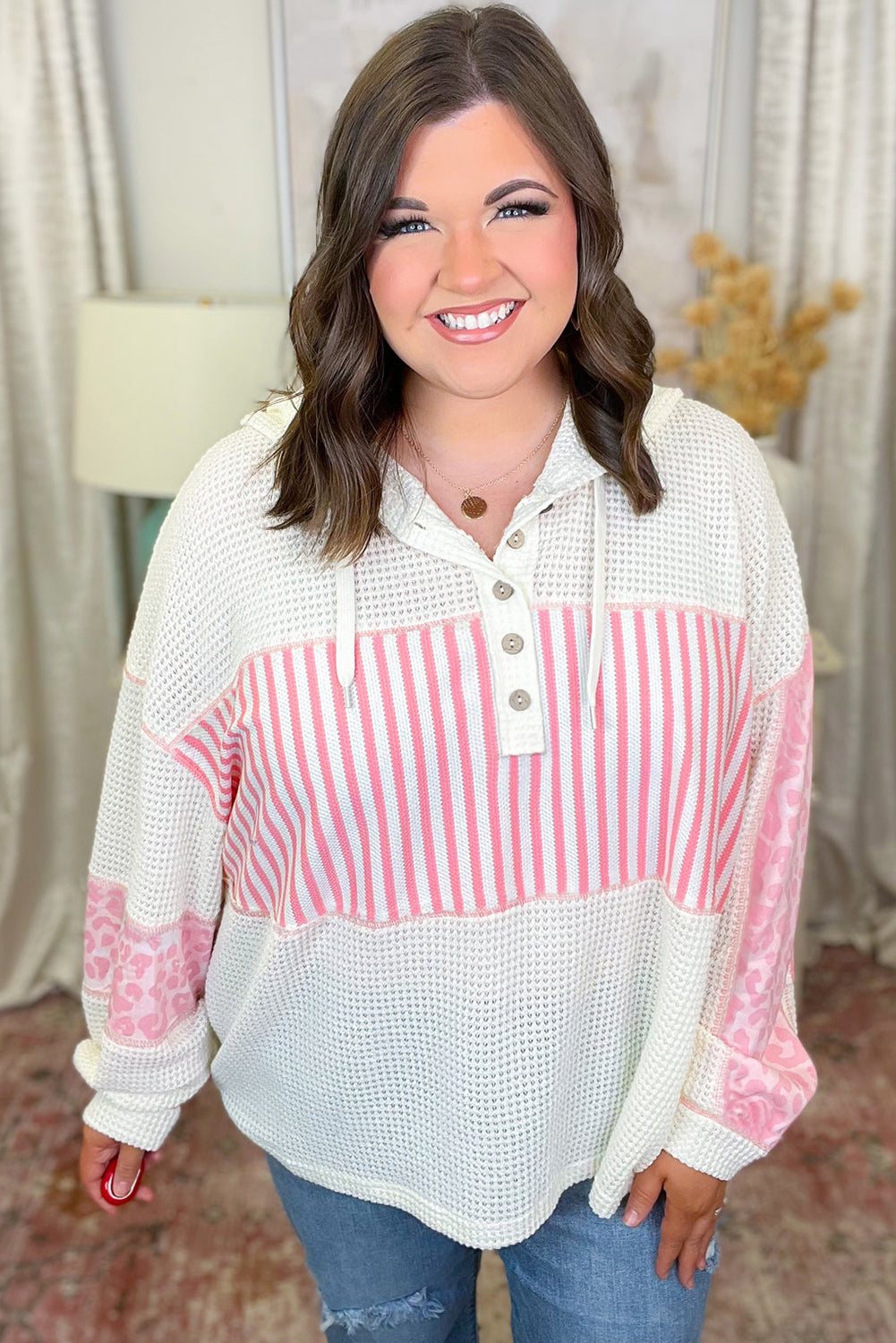 Pink Stripe Waffle Knit Plus Size Hoodie