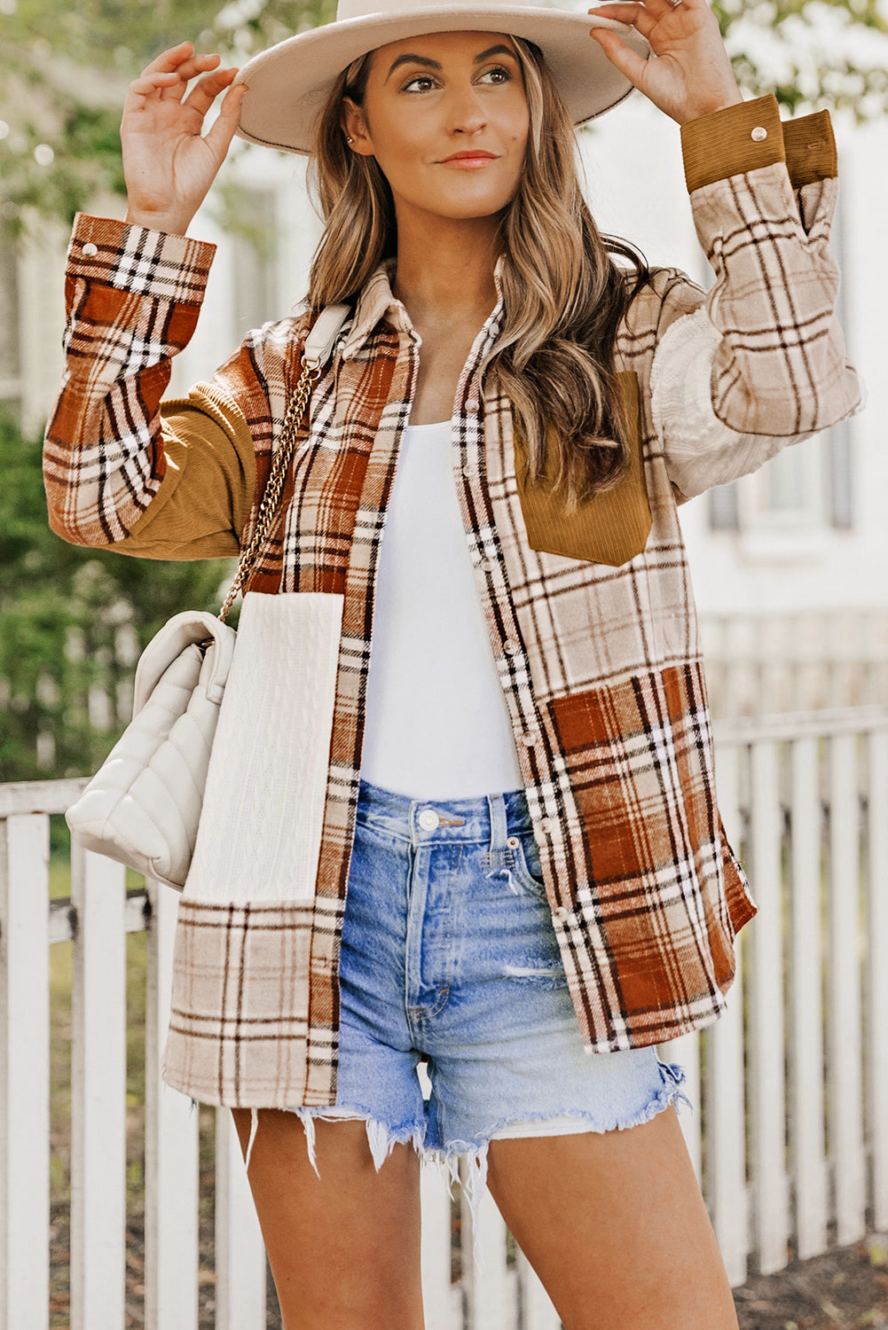 Orange Plaid Color Block Patchwork Jacket