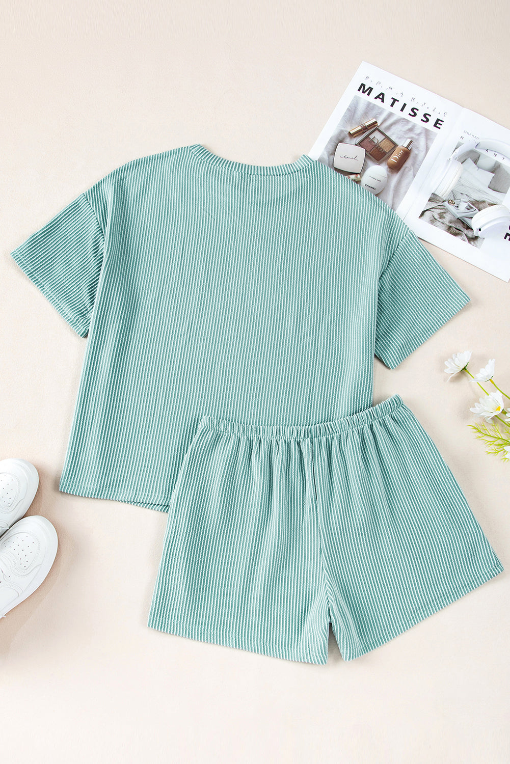 Light Blue Ribbed Knit Loose Fit Tee and Shorts Set