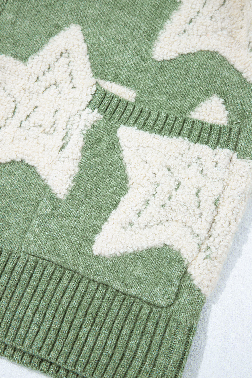 Green Sherpa Star Pattern Sweater Cardigan with Pockets