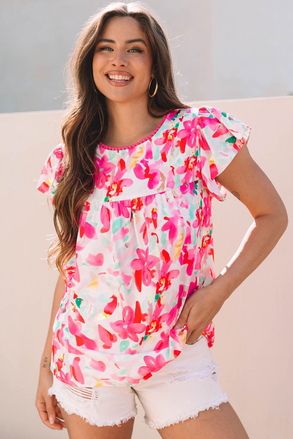 Rose Floral Print Flutter Sleeve Blouse
