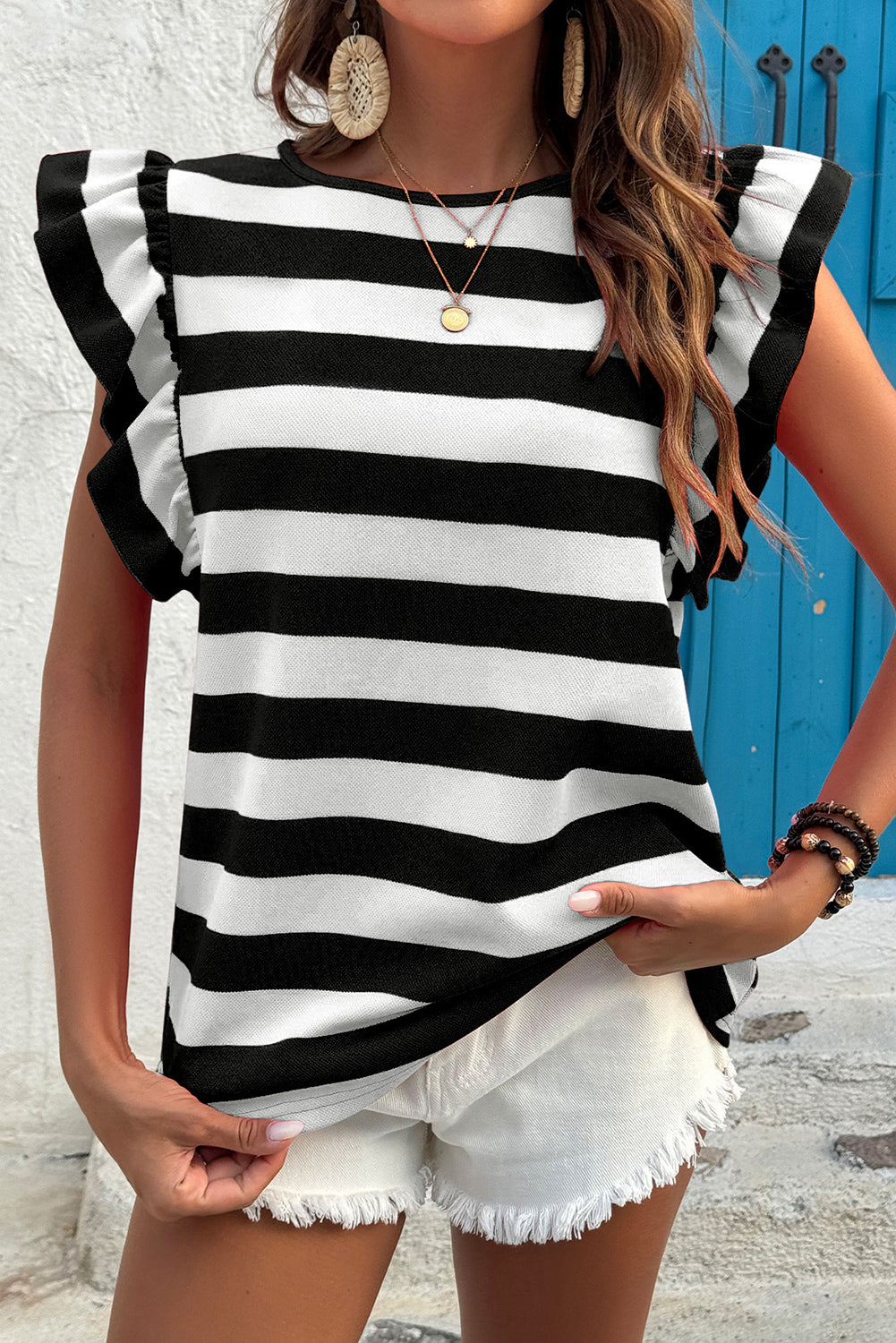 Black Stripe Ruffled T-Shirt