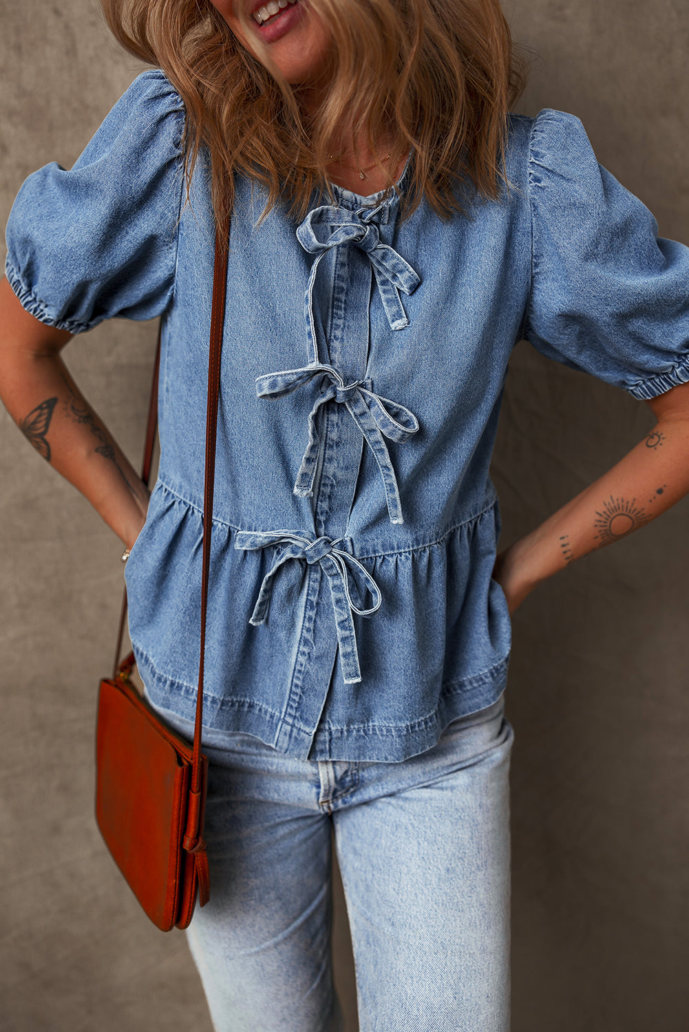 Denim Blue Tied Front Bubble Sleeve Shirt
