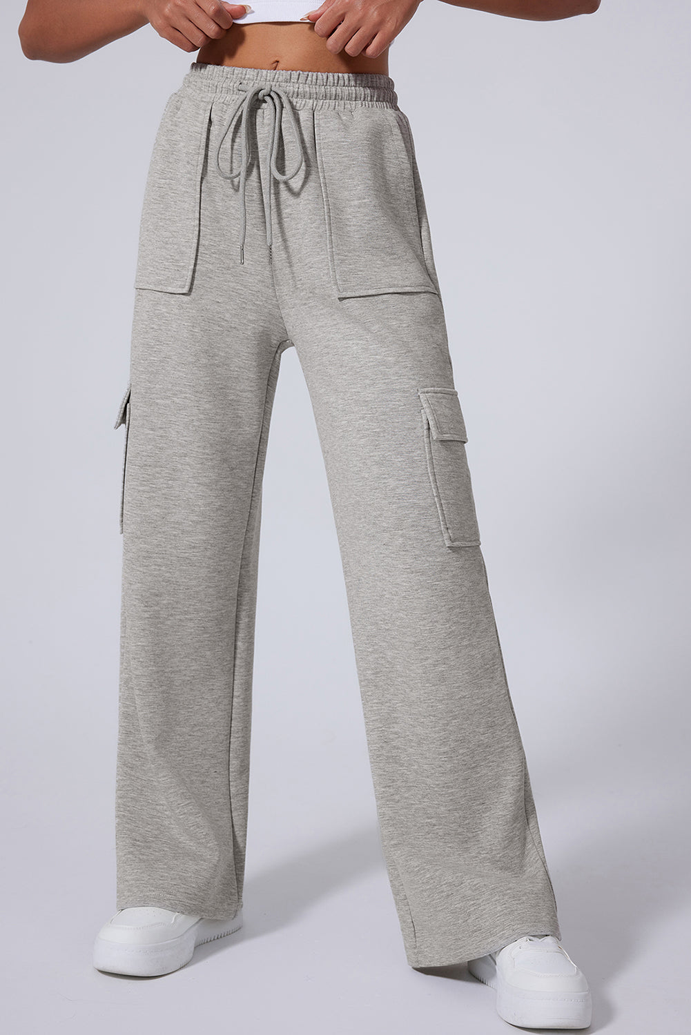 Light Grey Multi Pockets High Waist Wide Leg Pants