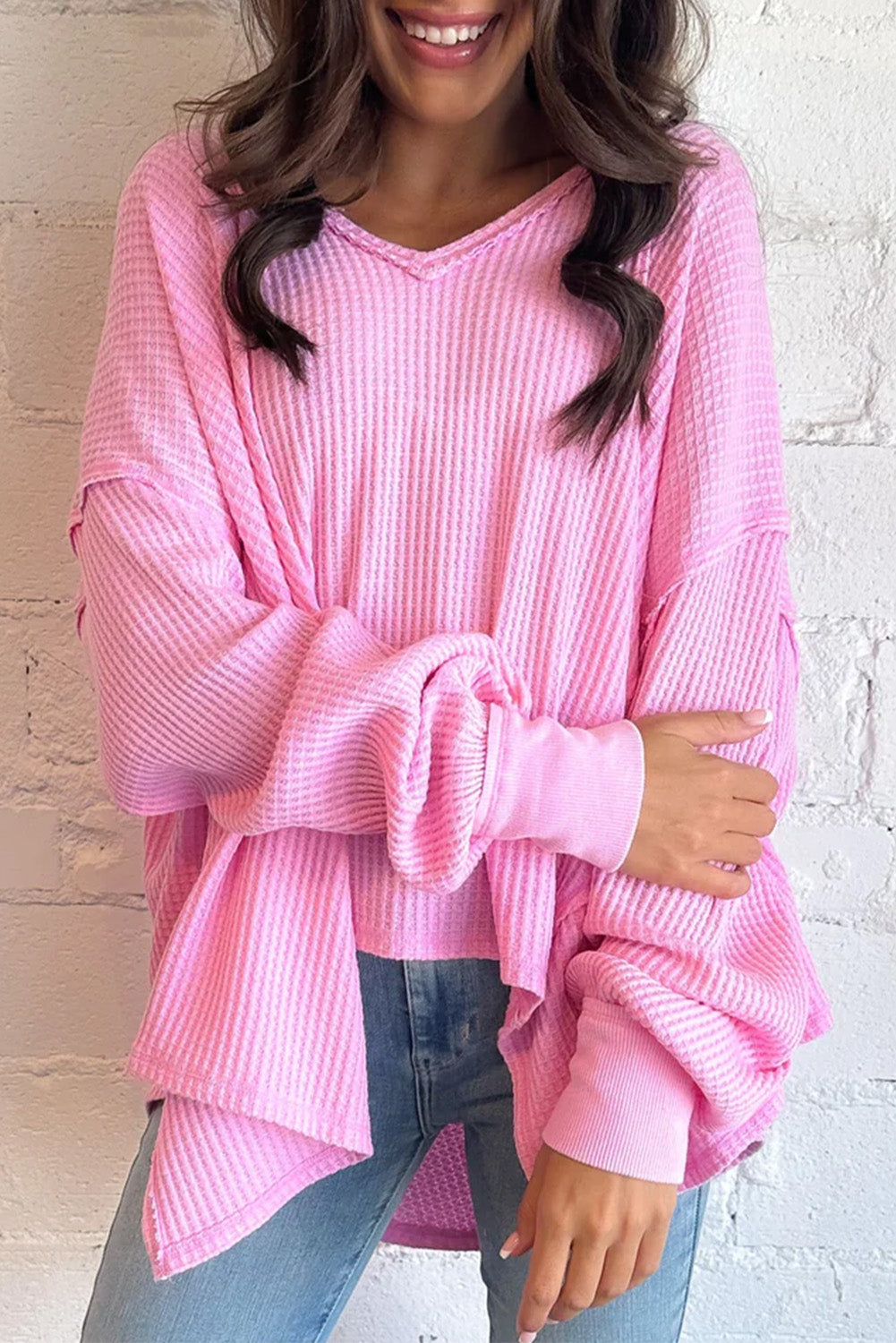 Pink Waffle Knit Exposed Seam Top
