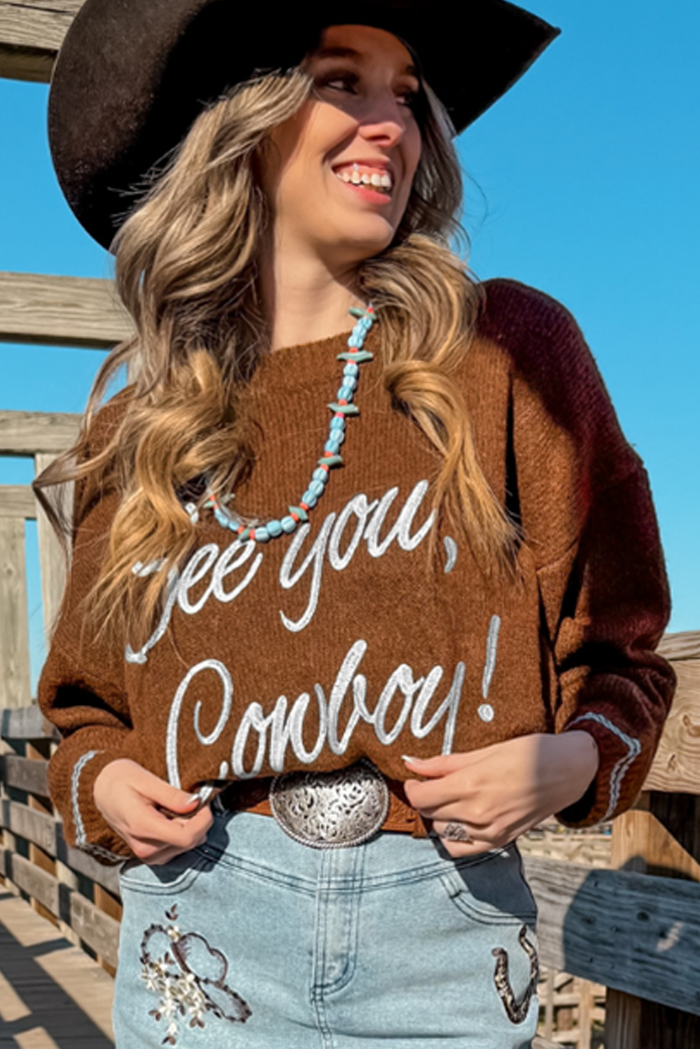 Brown ‘See You Cowboy’ Embroidered Western Sweater