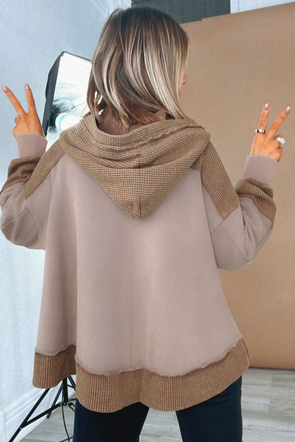 Brown Contrast Patchwork Plus Size Pocketed Hoodie