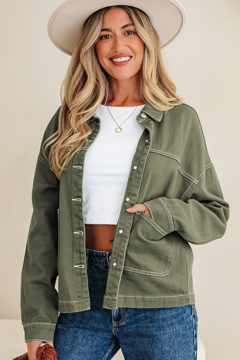 Faded Green Patched Boyfriend Denim Jacket