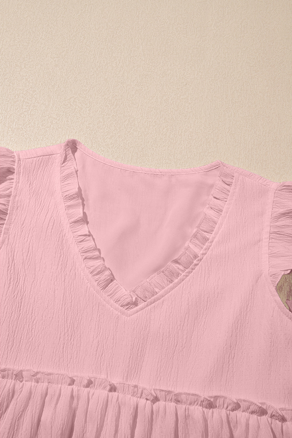 Light Pink Textured Trim V Neck Flowy Top