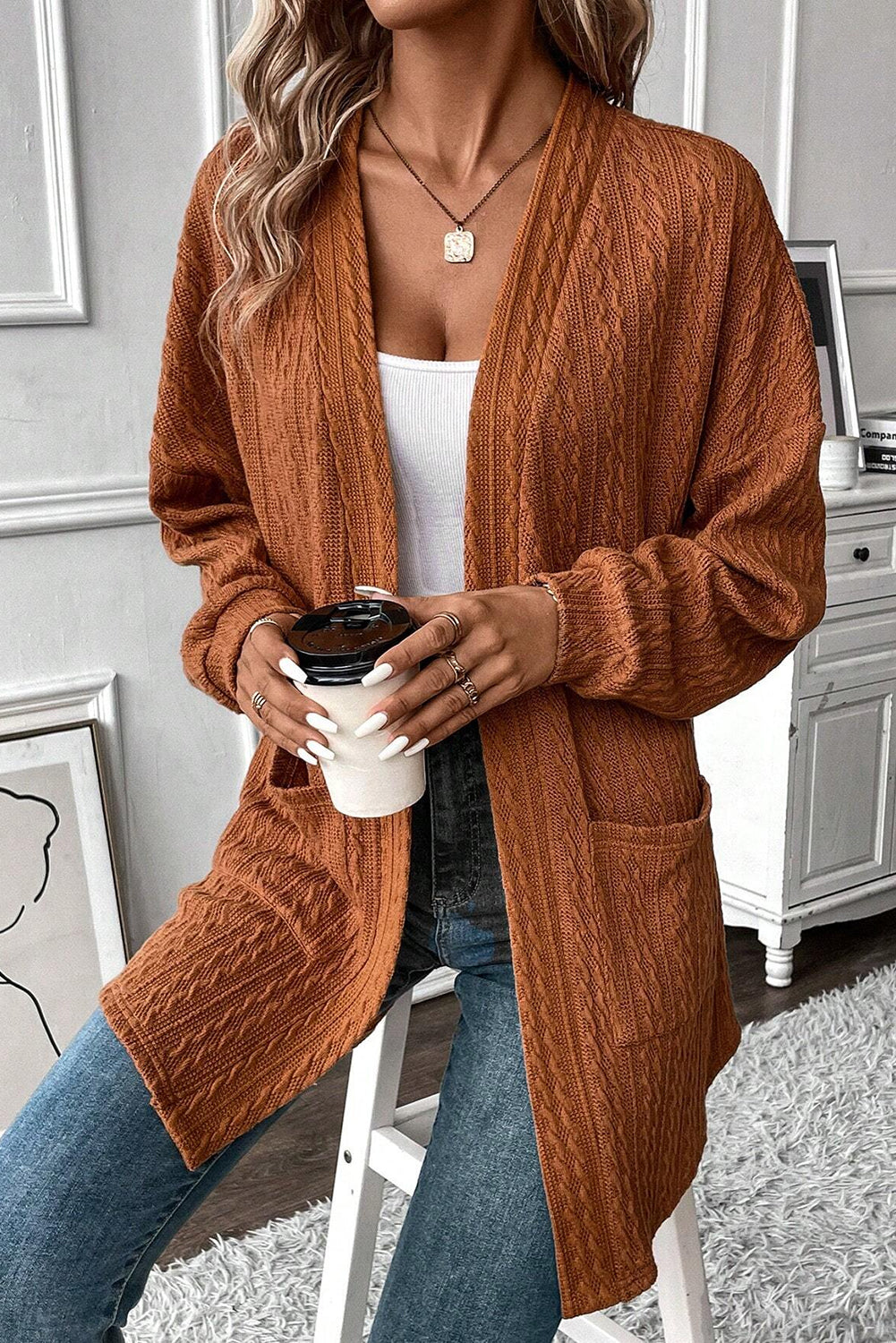 Chestnut Textured Knit Open Front Cardigan