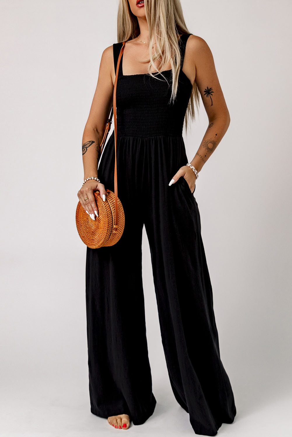 Black Sleeveless Wide Leg Jumpsuit with Pockets