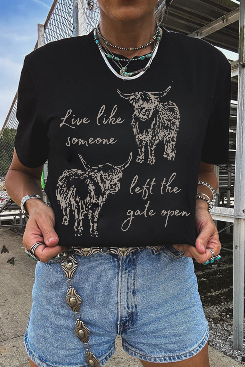 Black Western Cow Print Casual Tee
