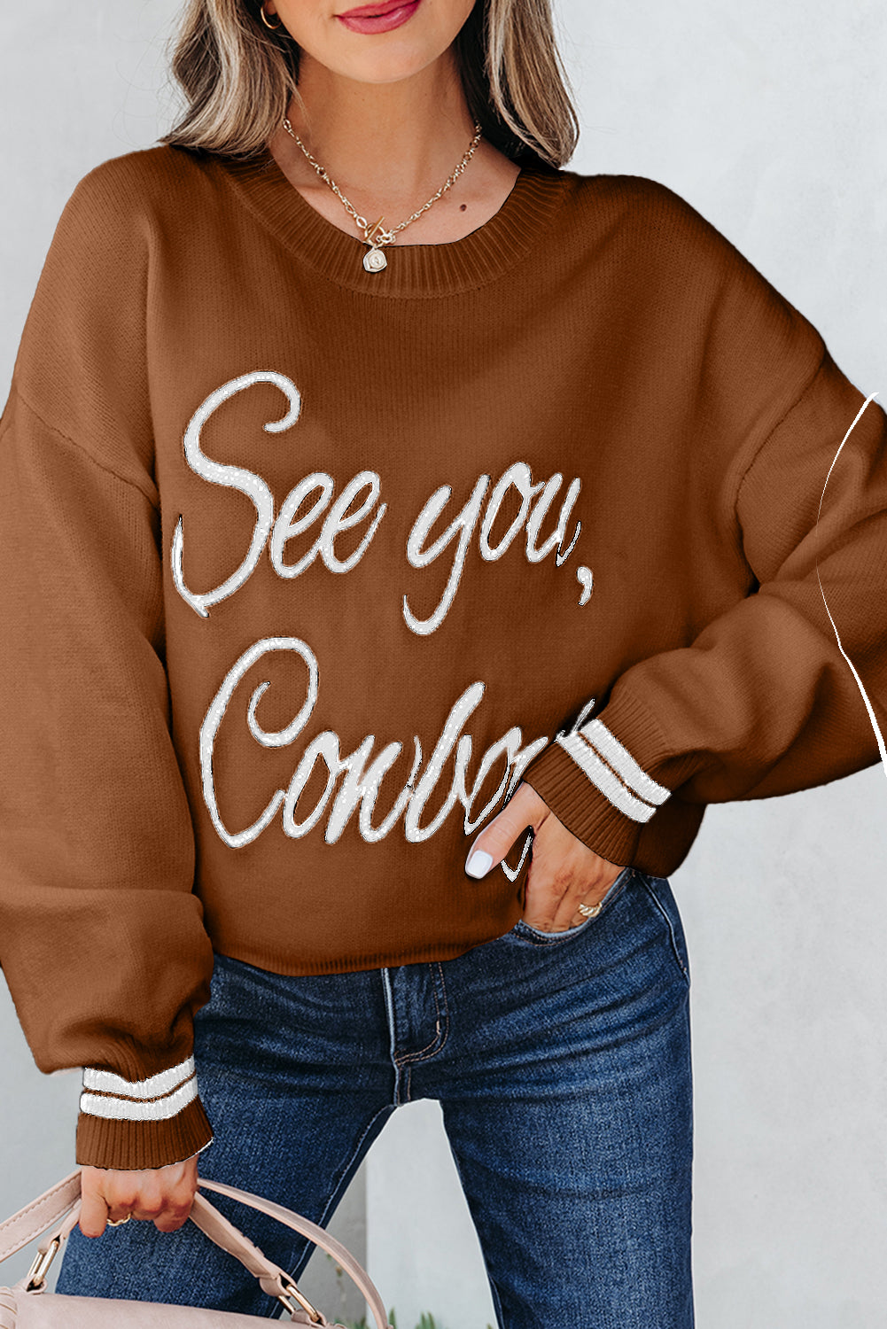 Brown ‘See You Cowboy’ Embroidered Western Sweater