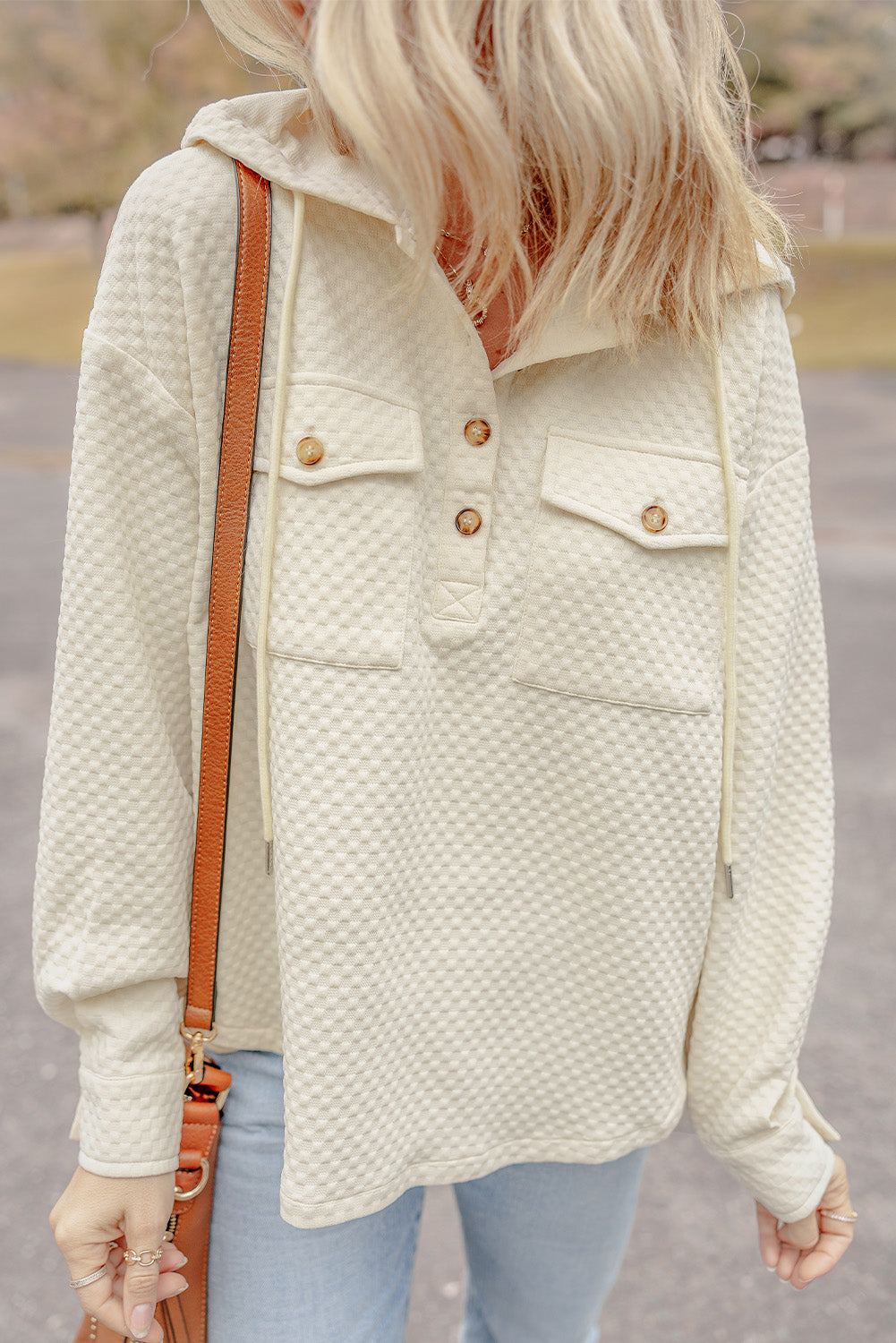 Apricot Textured Buttoned Hoodie