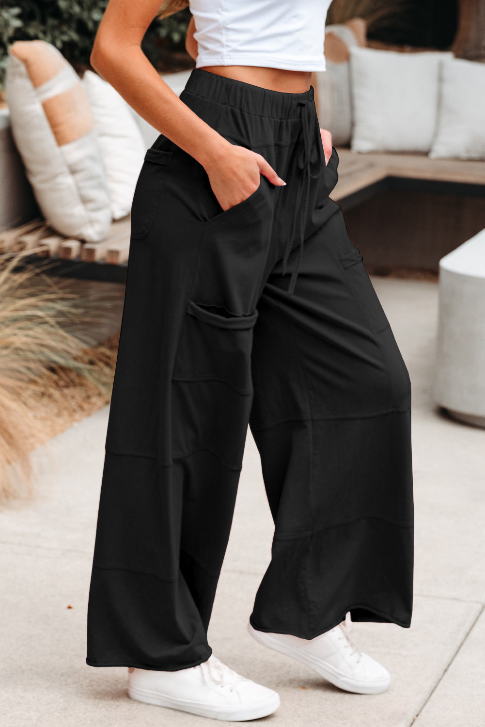 Black Mineral Wash Exposed Seam Wide Leg Cargo Pants