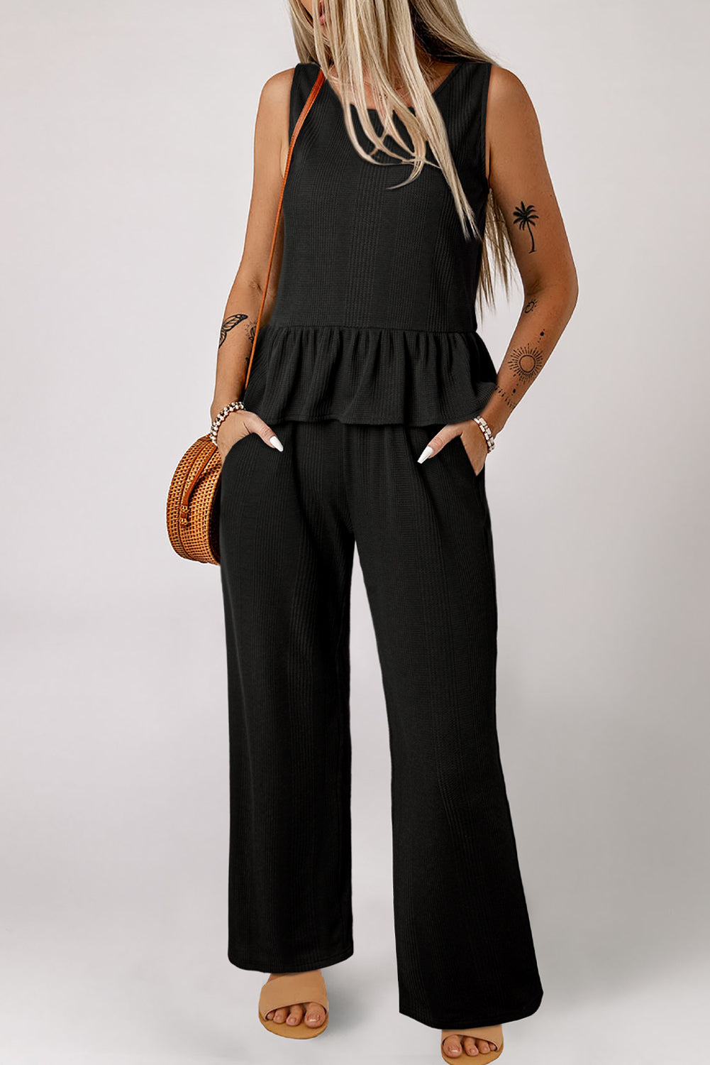 Black Ribbed Ruffle Tank Top and Pants Set