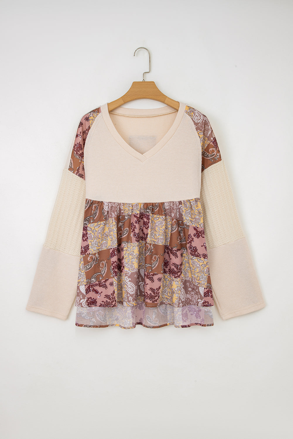 Beige Paisley Print Contrast Long Sleeve Loose Top