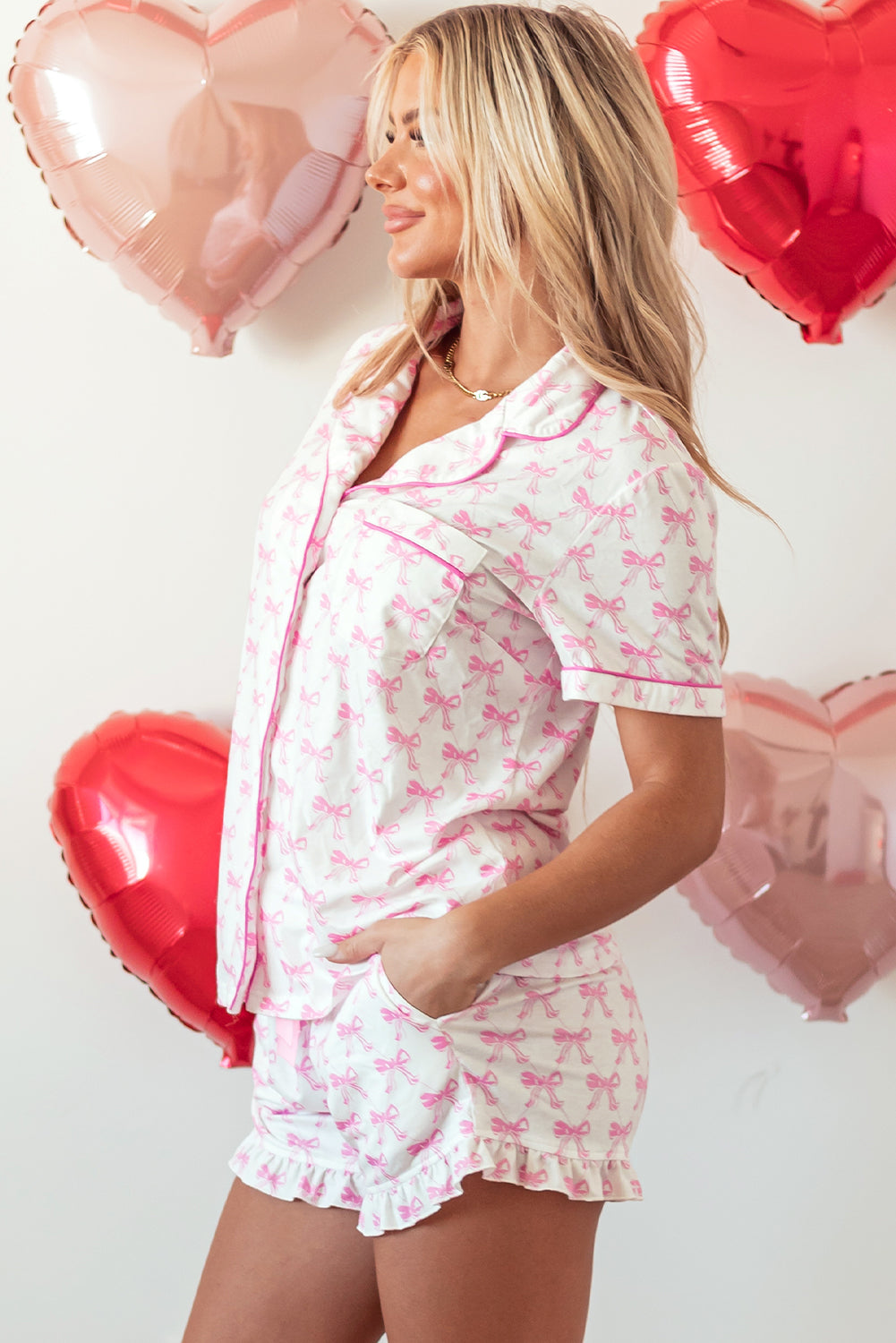 Pink Bow Printed Short Sleeve and Ruffled Shorts Pajama Set
