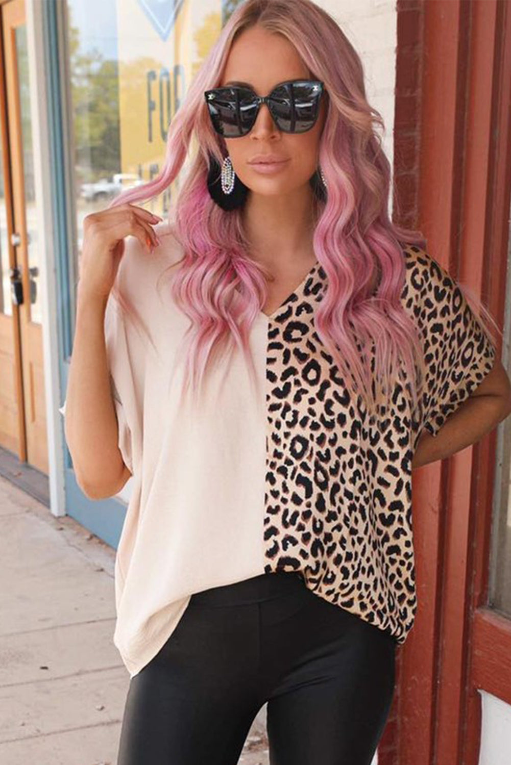 Contrast Leopard Block Blouse