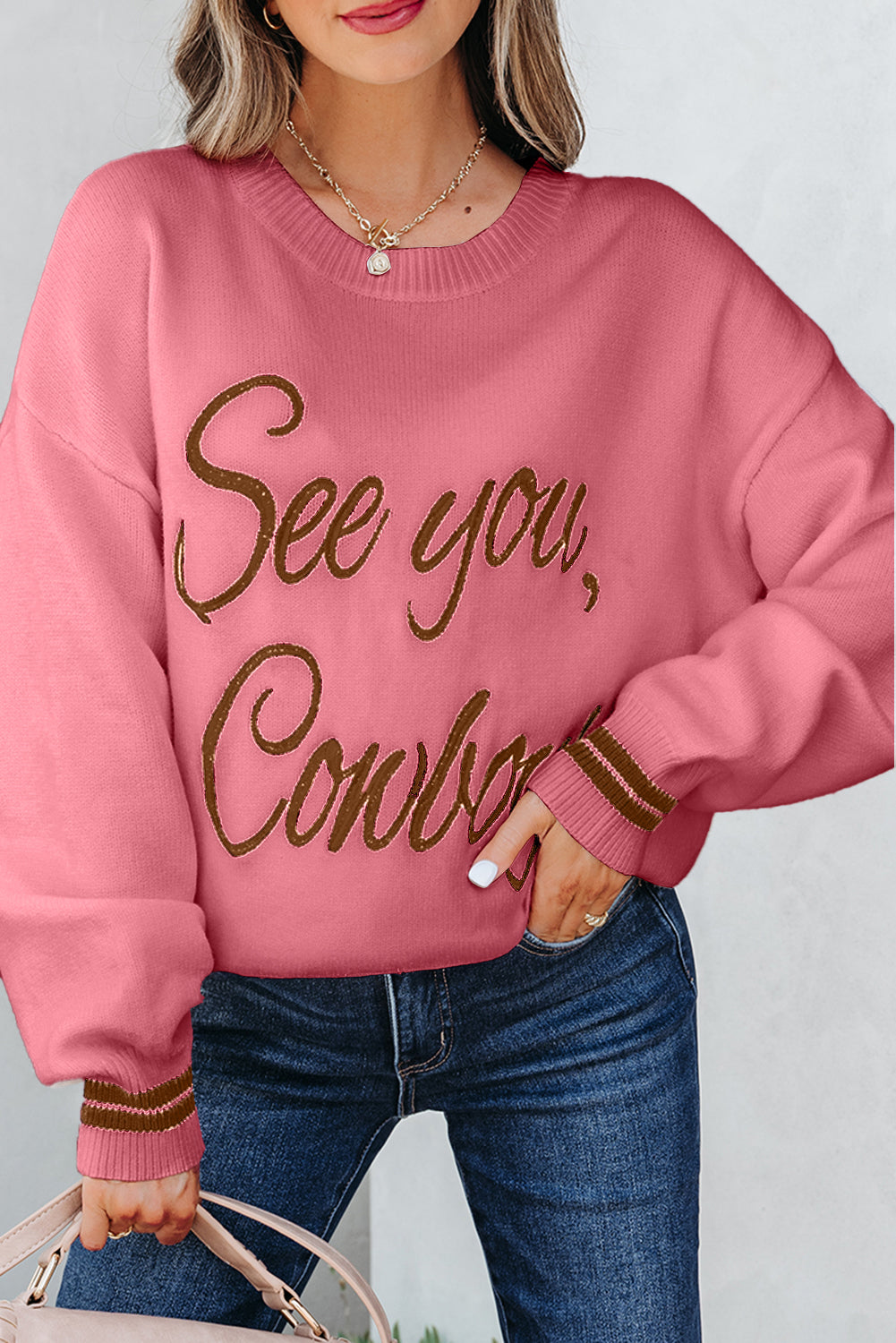 Pink ‘See You Cowboy’ Embroidered Western Graphic Sweater