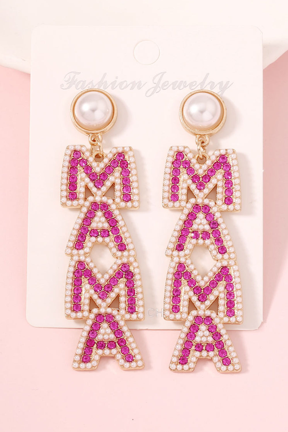 Pink MAMA Rhinestone Pearl Dangle Stud Earrings