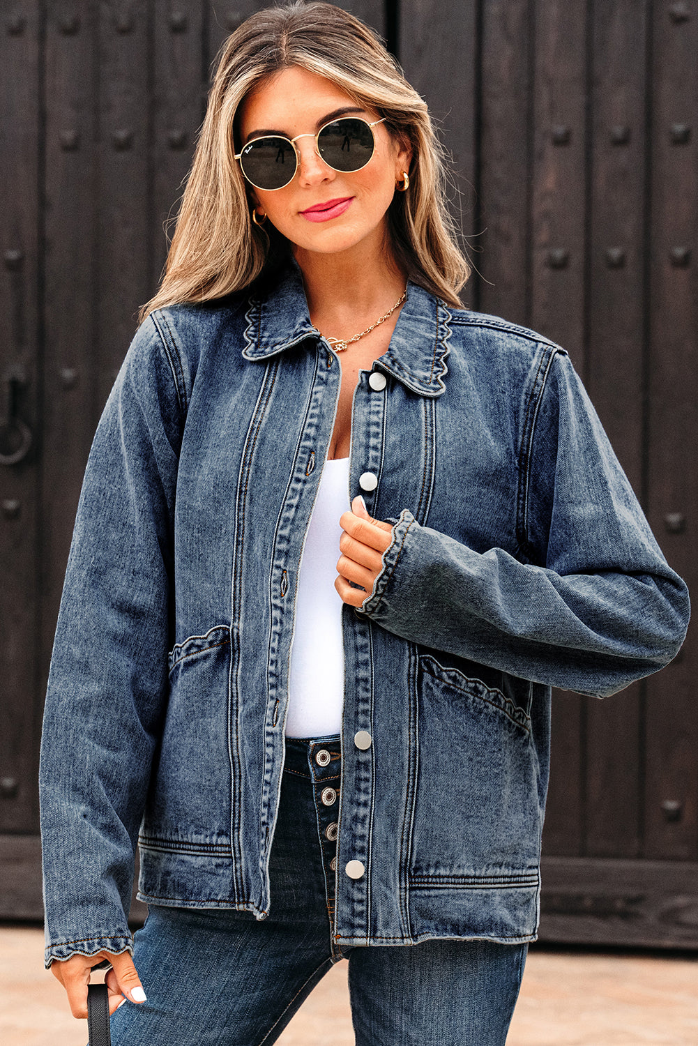 Scallop Trim Button Up Denim Jacket