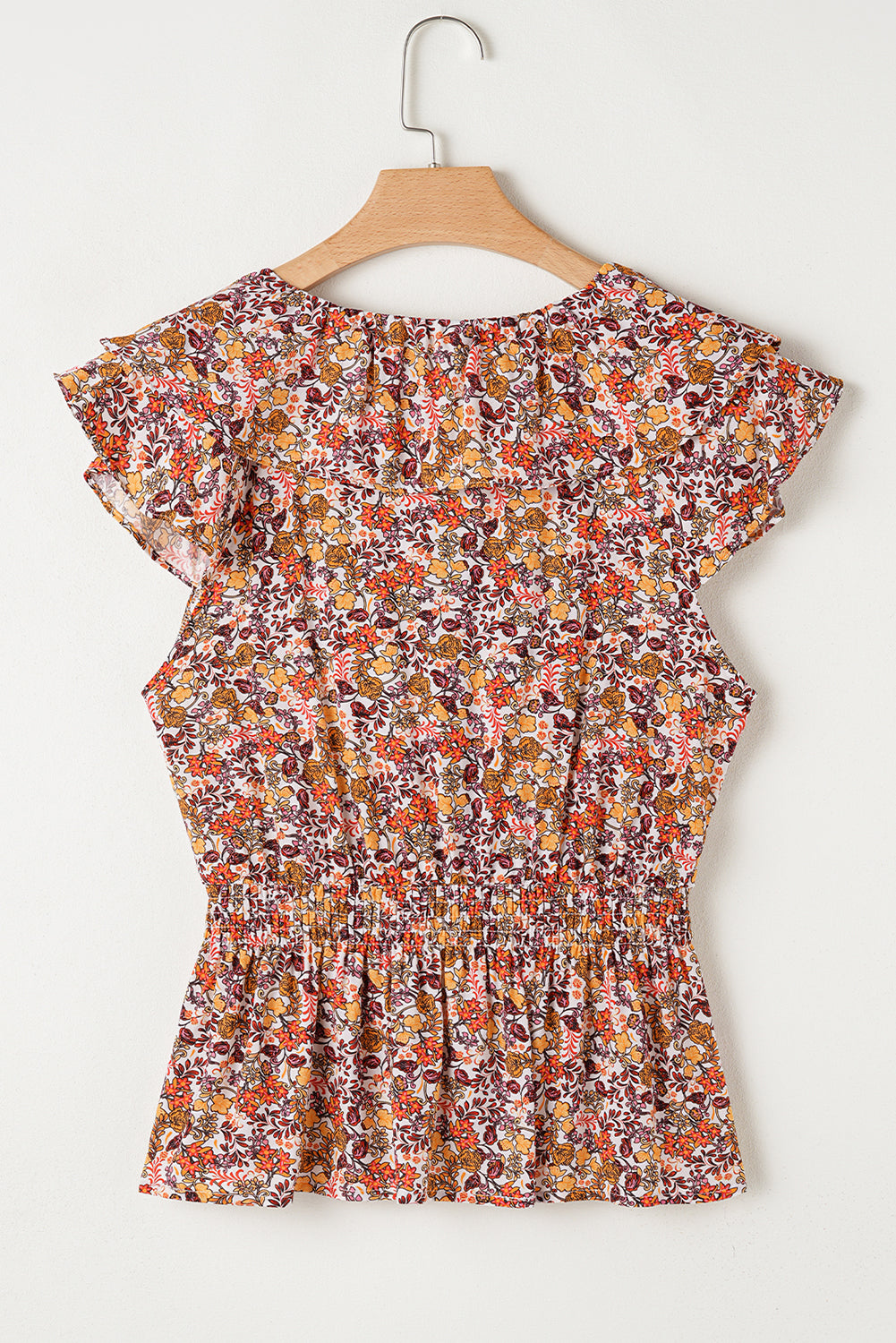 Orange Floral Print Knot Ruffled Sleeve Blouse
