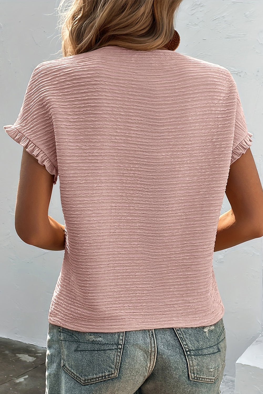 Light Pink Solid Ruffled Short Sleeve Blouse