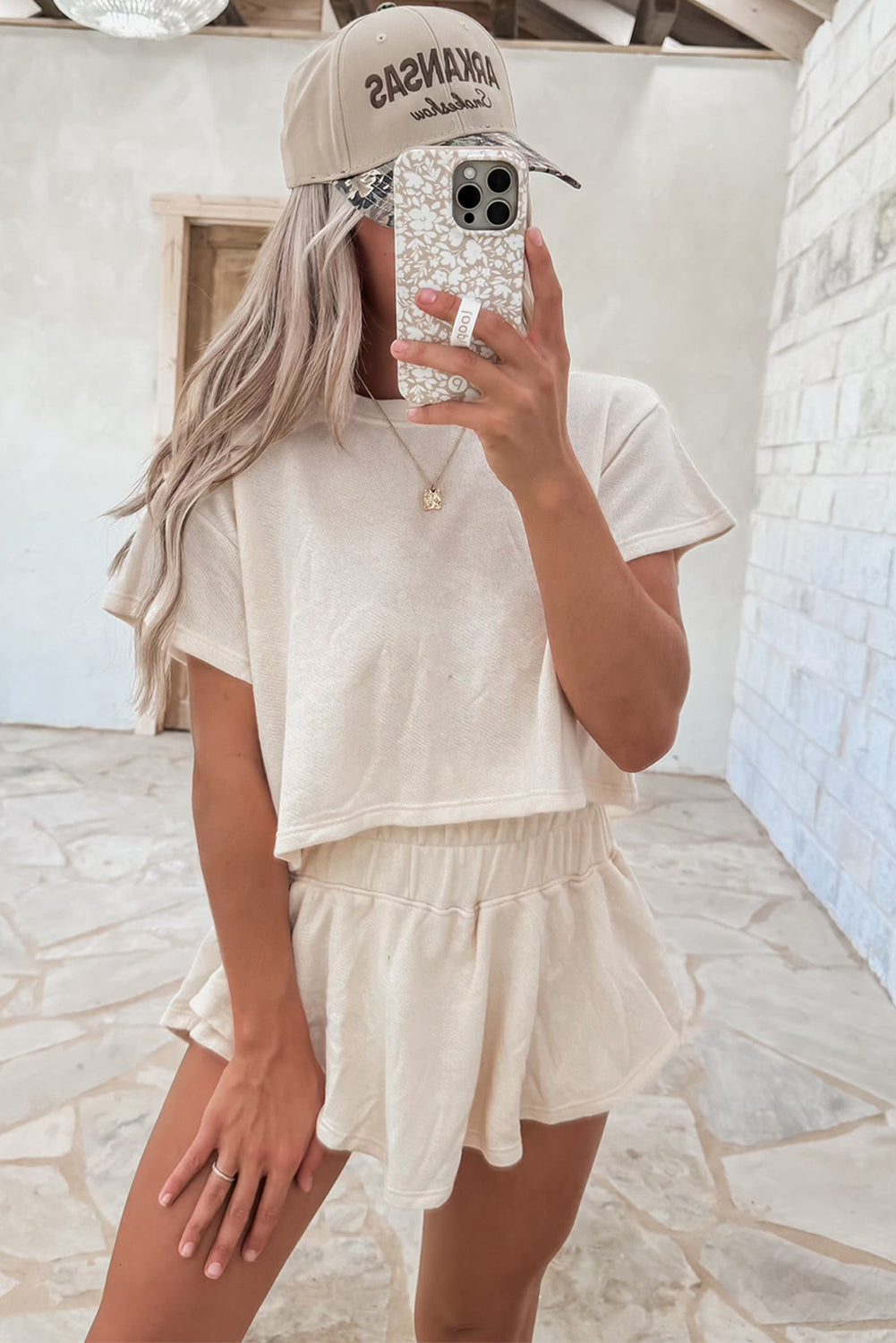 Beige Cropped Tee and Ruffle Skort Set