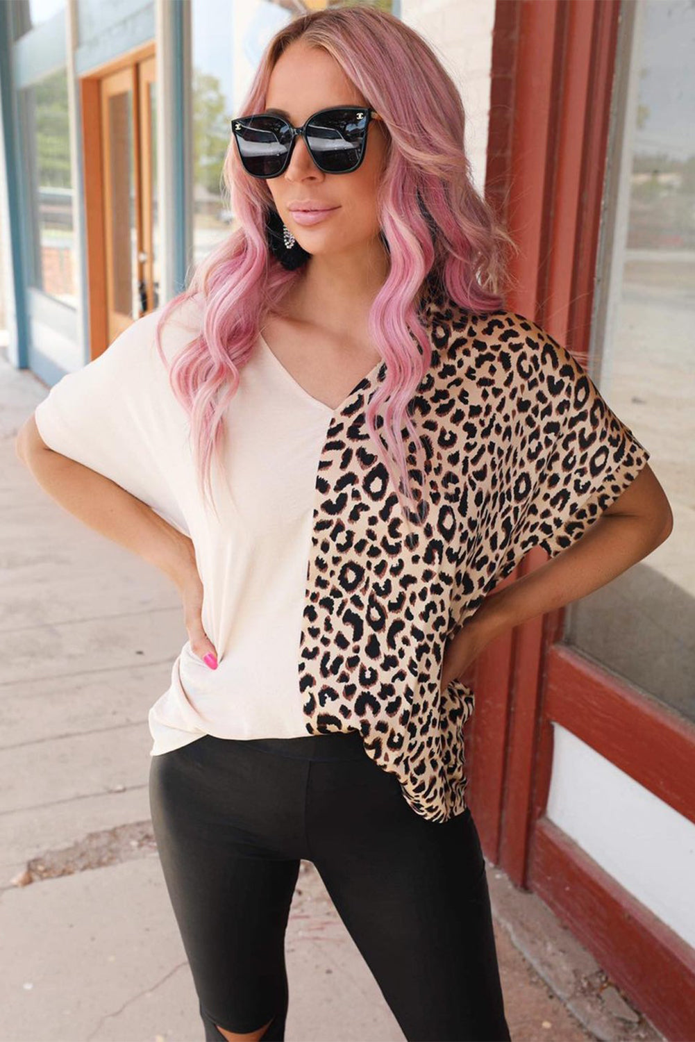 Contrast Leopard Block Blouse