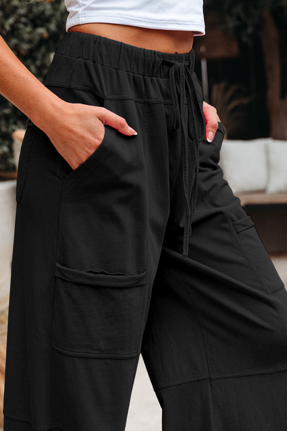 Black Mineral Wash Exposed Seam Wide Leg Cargo Pants