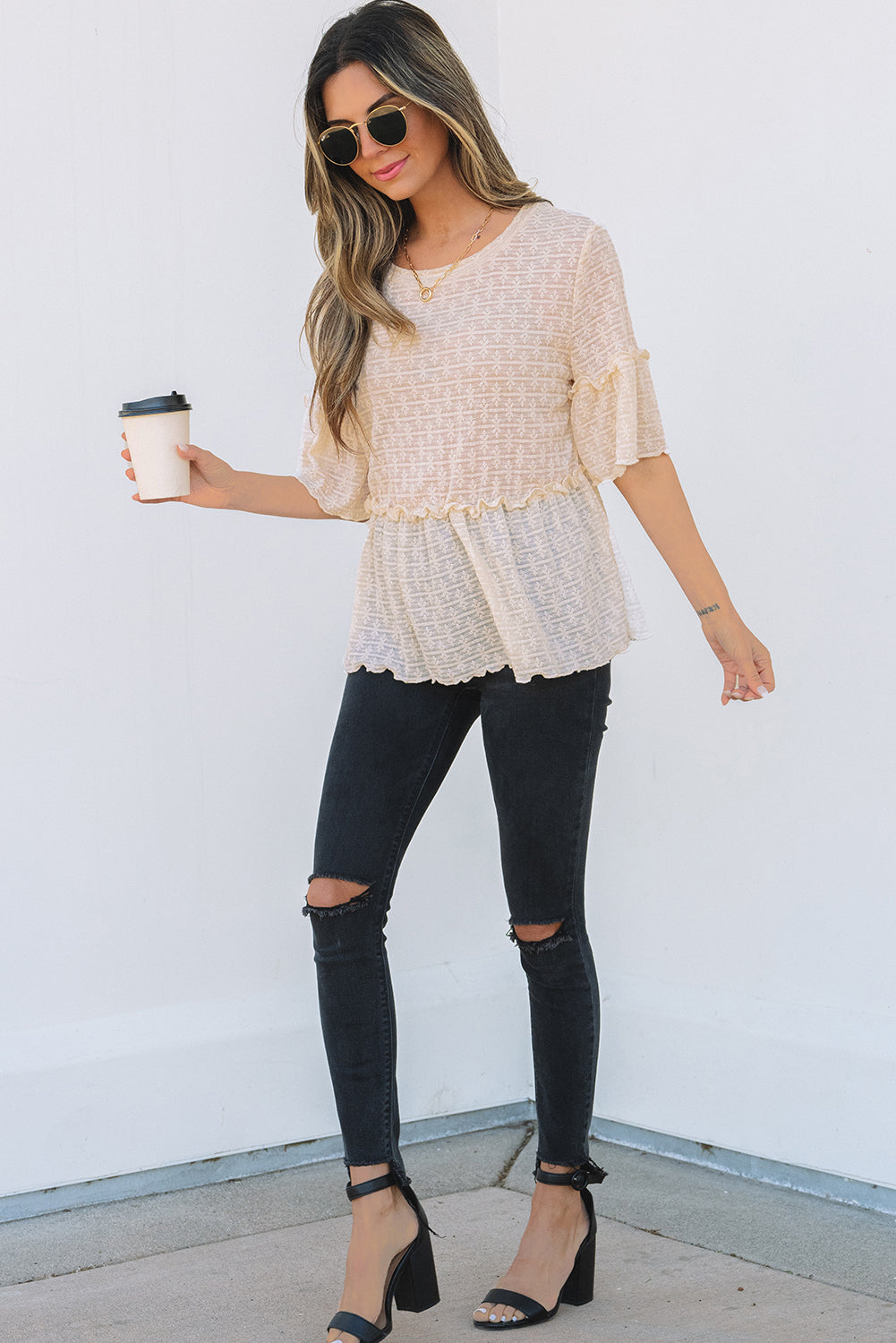 Beige Textured Short Sleeve Blouse