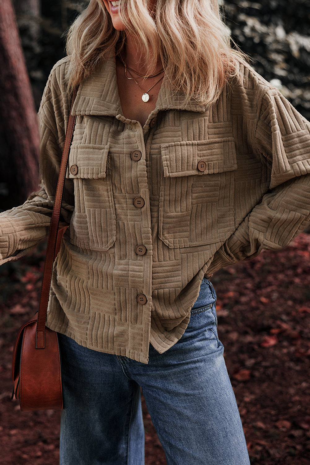 Khaki Textured Pocket Button-up Shacket