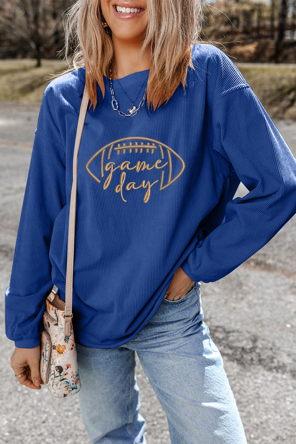 Dark Blue Football ‘Game Day’ Embroidered Corduroy Sweatshirt