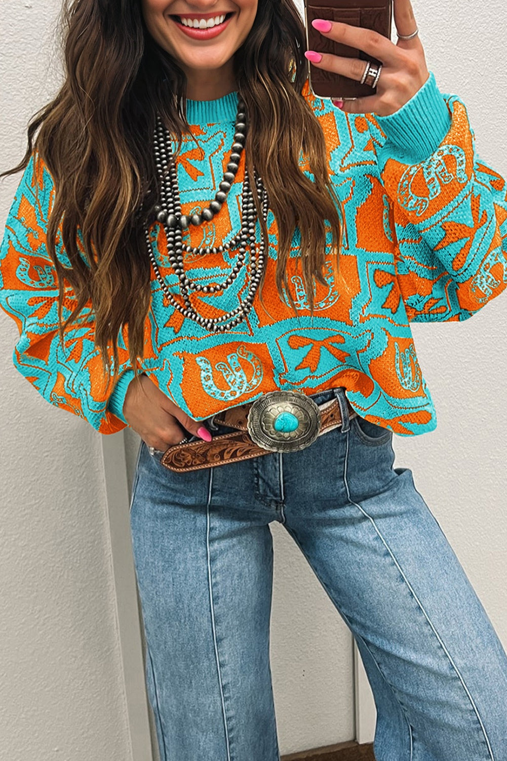Light Blue Bows & Horseshoes Pattern Sweater