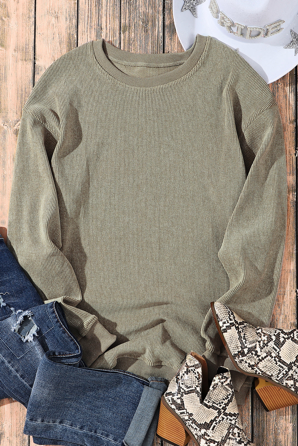 Green Solid Ribbed Knit Pullover Sweatshirt
