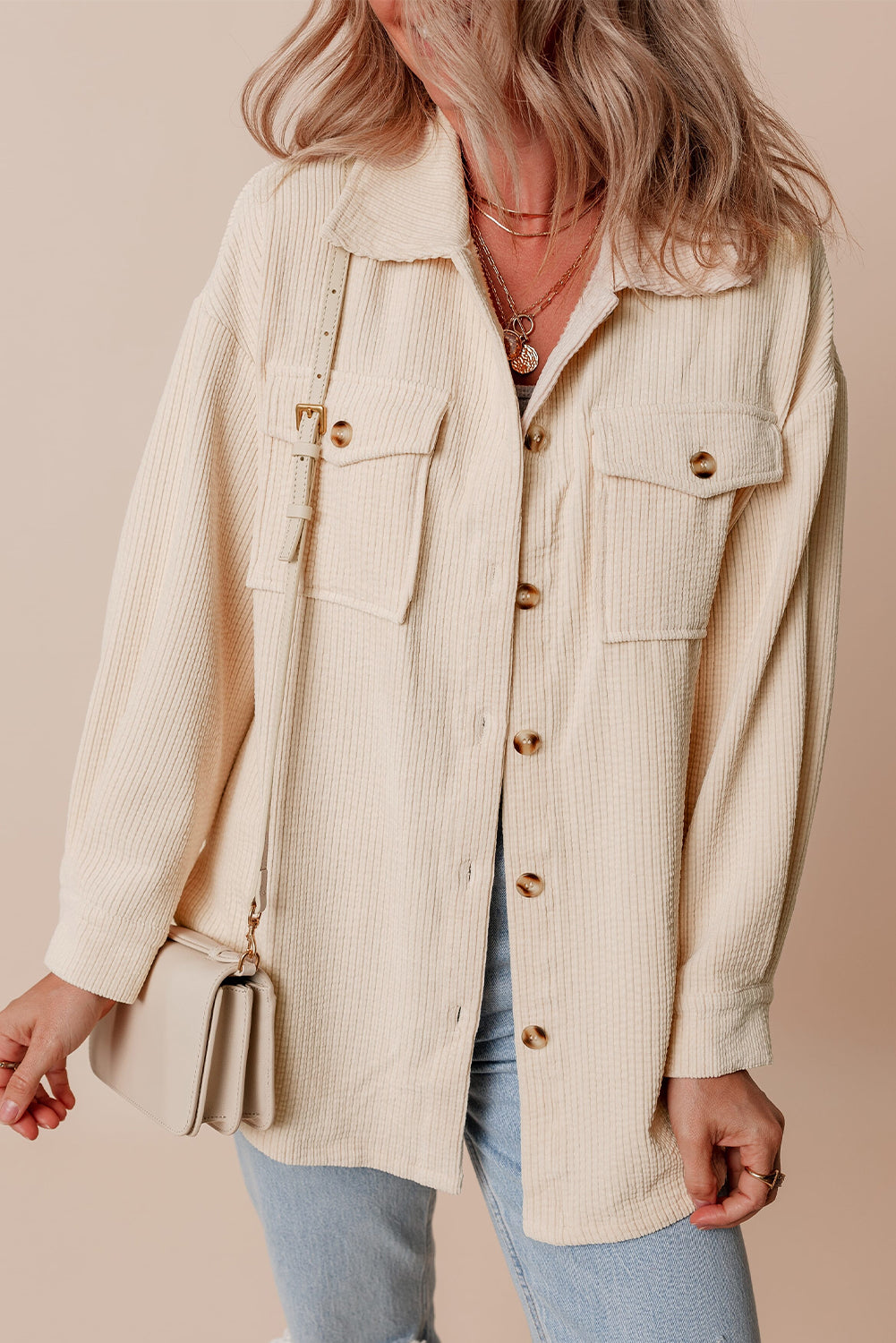 Cream Corduroy Button Up Shacket