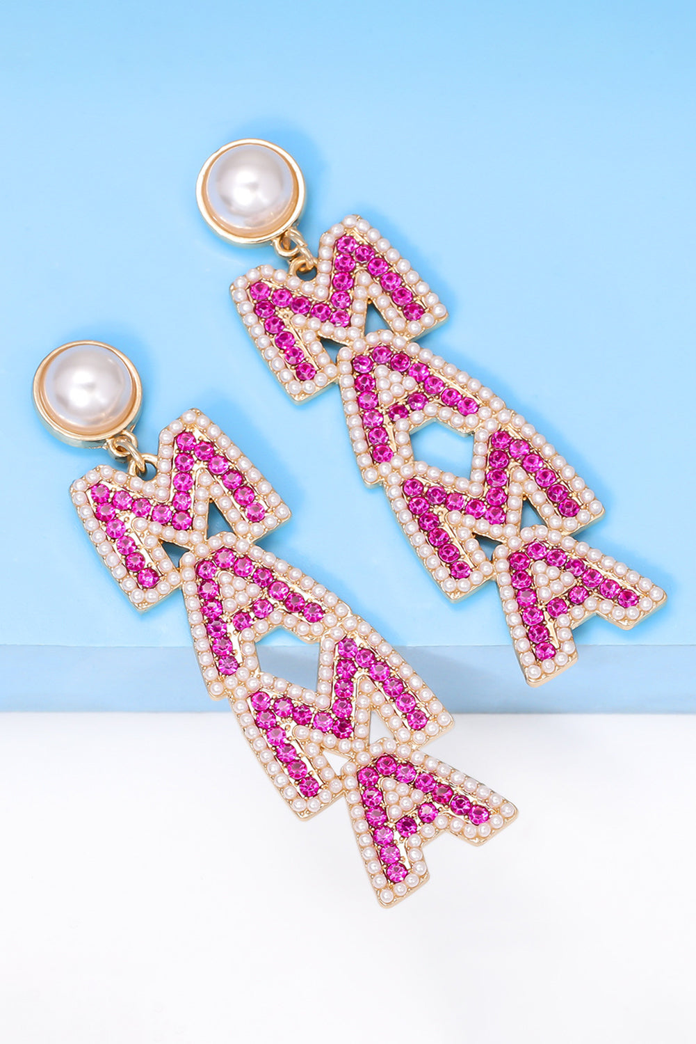 Pink MAMA Rhinestone Pearl Dangle Stud Earrings