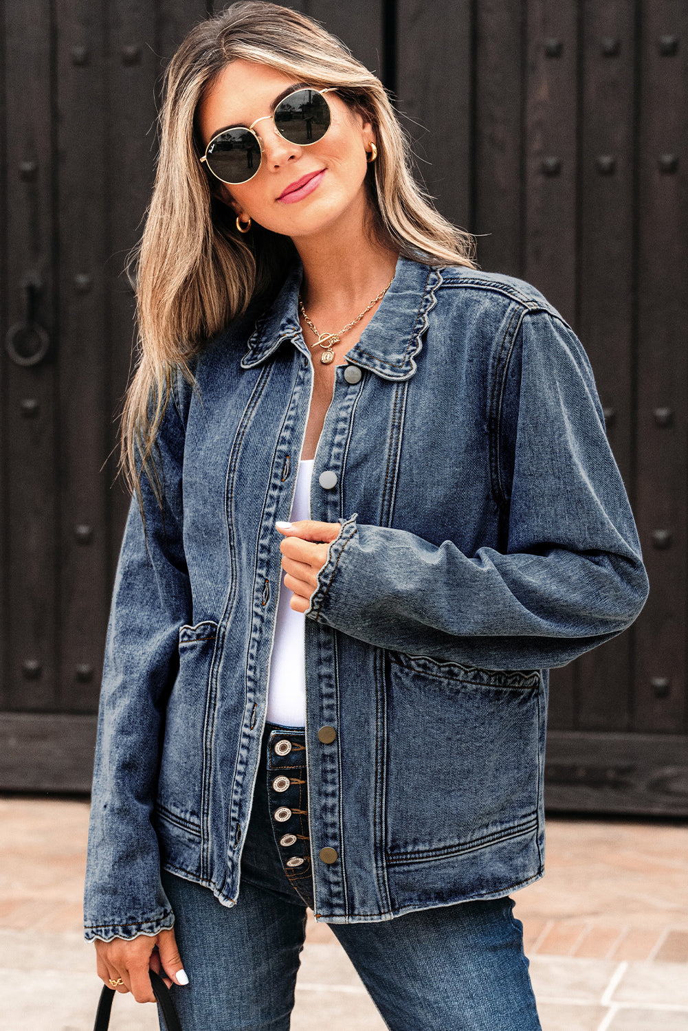 Scallop Trim Button Up Denim Jacket